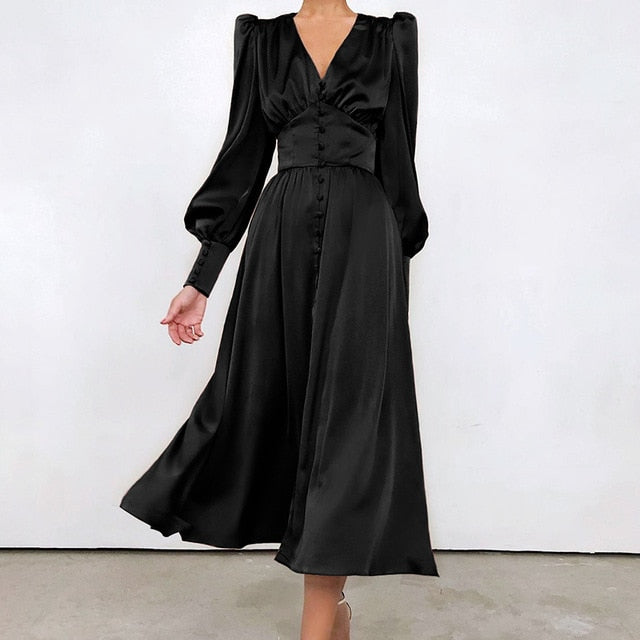 High Waist Satin Long Dress Elegant V Neck Women Midi Dresses Lantern Sleeve - Sabreeonline