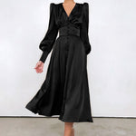 High Waist Satin Long Dress Elegant V Neck Women Midi Dresses Lantern Sleeve - Sabreeonline