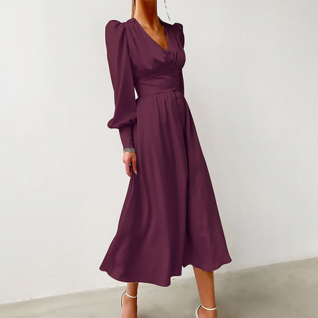High Waist Satin Long Dress Elegant V Neck Women Midi Dresses Lantern Sleeve - Sabreeonline