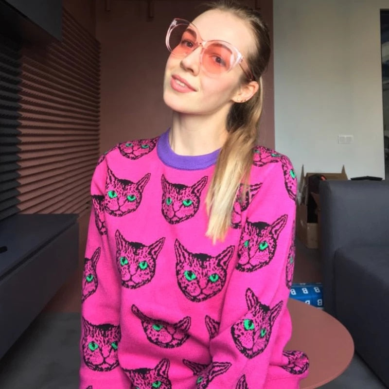 Runway Designer Cat Print Knitted Sweater - Sabreeonline