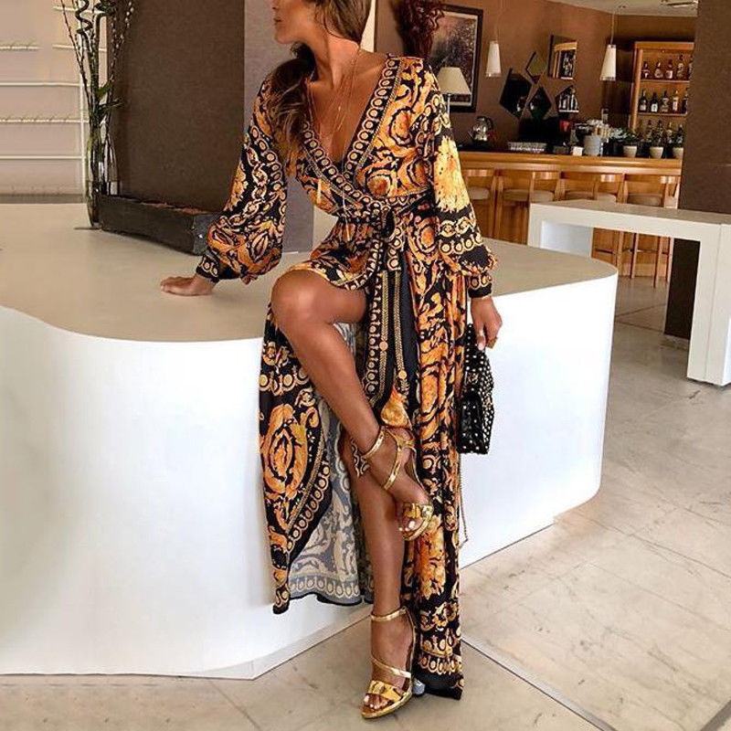 Elegant Neck Glitter Deep V Neck Print Party Dress - Sabreeonline
