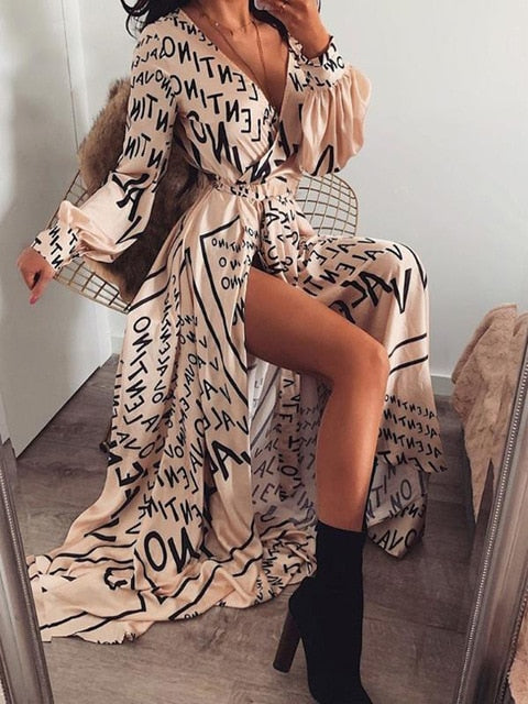 Elegant Neck Glitter Deep V Neck Print Party Dress - Sabreeonline