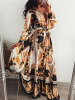 Elegant Neck Glitter Deep V Neck Print Party Dress - Sabreeonline