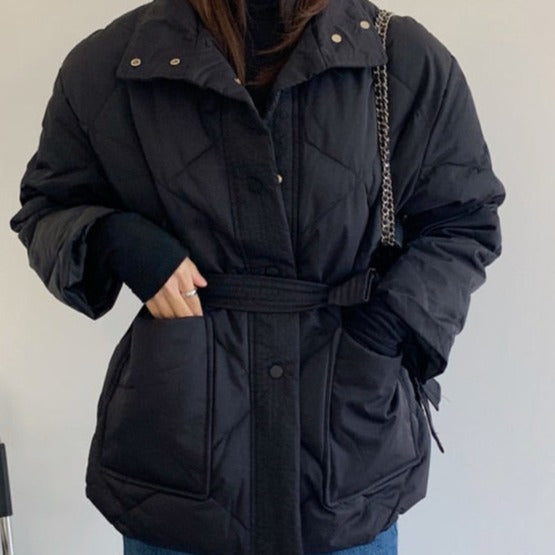 Winter Thick Cotton Padded Coats Women Single-breasted Zippers Lace-up - Sabreeonline