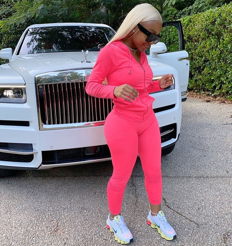 Plain Color Zipper Up Hoodies Skinny Leggings - Sabreeonline