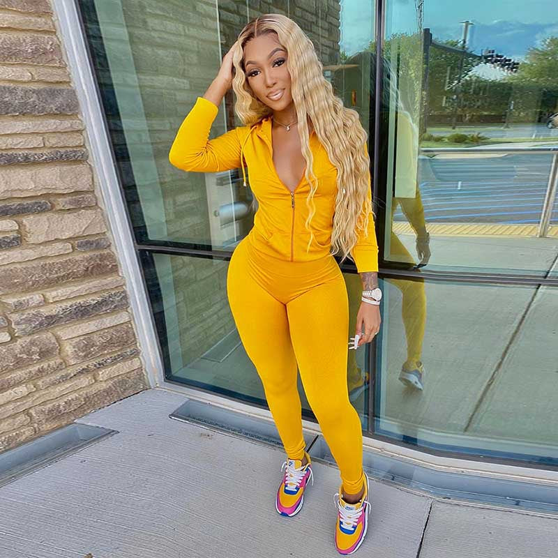 Plain Color Zipper Up Hoodies Skinny Leggings - Sabreeonline