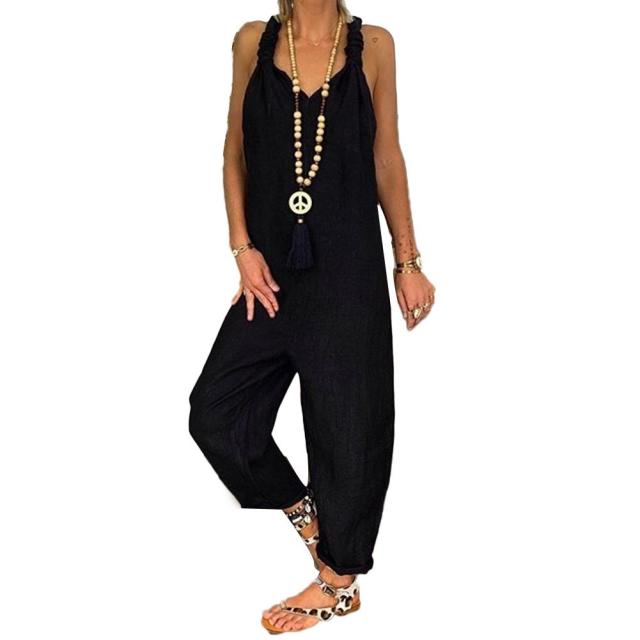 Women Solid Color Overall Sleeveless - Sabreeonline