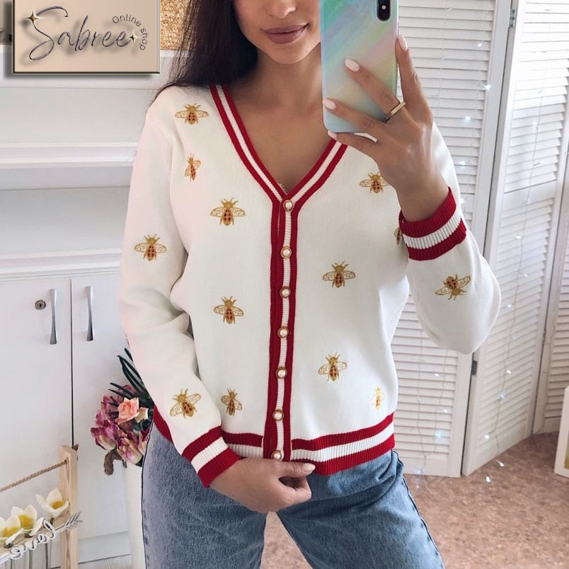 Bee Embroidery Cardigan Long Sleeve - Sabreeonline