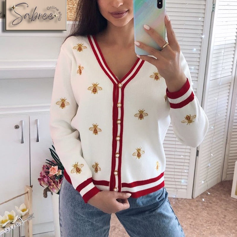Bee Embroidery Cardigan Long Sleeve - Sabreeonline