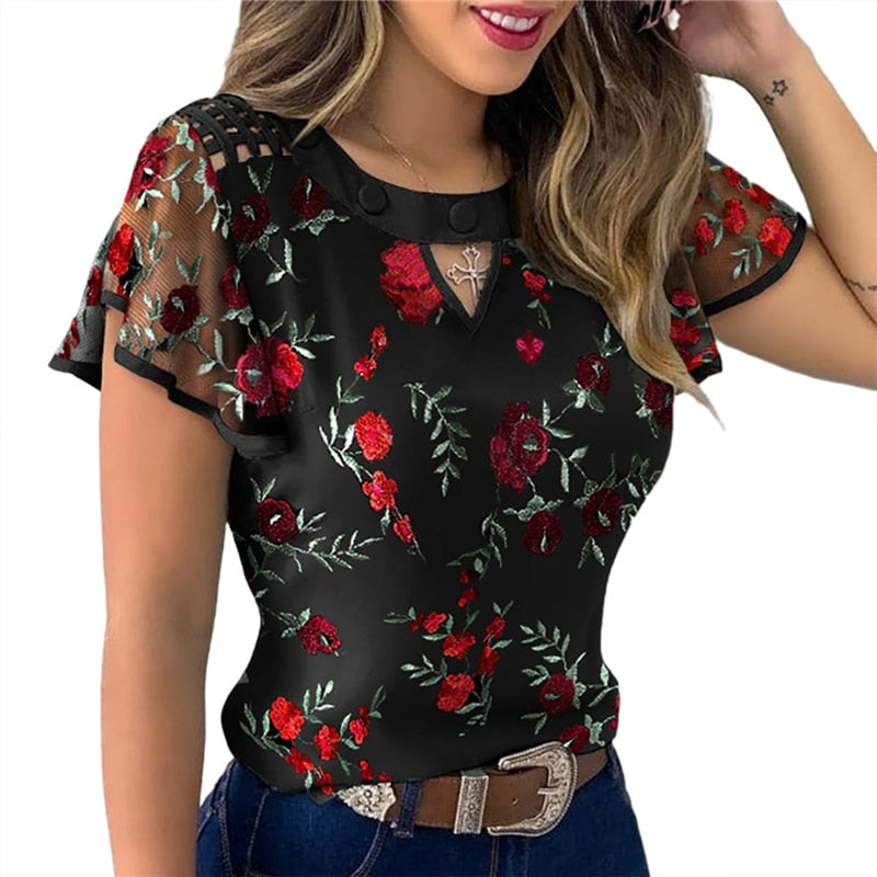 Embroidery Floral Print Blouse - Sabreeonline