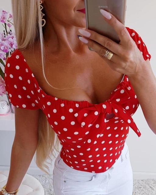 Fashion Polka Dot Print Casual Short Sleeve O-Neck Bow - Sabreeonline