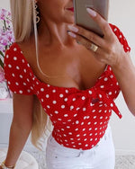Fashion Polka Dot Print Casual Short Sleeve O-Neck Bow - Sabreeonline
