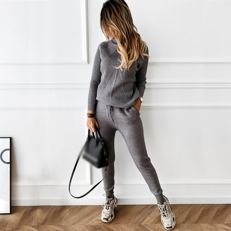 Winter Tracksuit Turtleneck Sweater and Elastic Suits - Sabreeonline