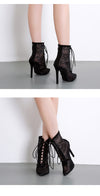 Mesh Women Boots Floral Lace-Up Thin High Heels Ankle Pointed Toed - Sabreeonline