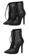 Mesh Women Boots Floral Lace-Up Thin High Heels Ankle Pointed Toed - Sabreeonline