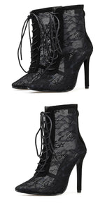 Mesh Women Boots Floral Lace-Up Thin High Heels Ankle Pointed Toed - Sabreeonline