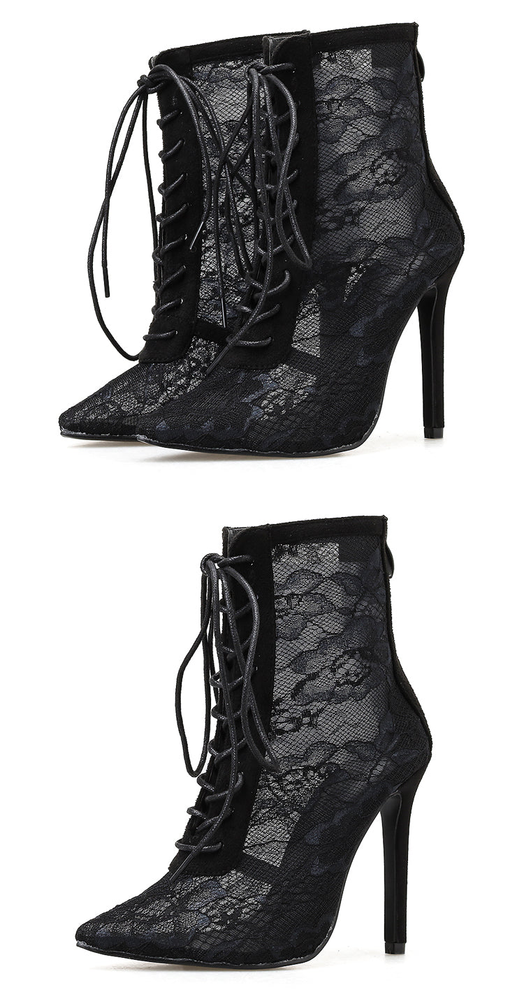 Mesh Women Boots Floral Lace-Up Thin High Heels Ankle Pointed Toed - Sabreeonline