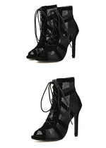 Mesh Women Boots Floral Lace-Up Thin High Heels Ankle Pointed Toed - Sabreeonline