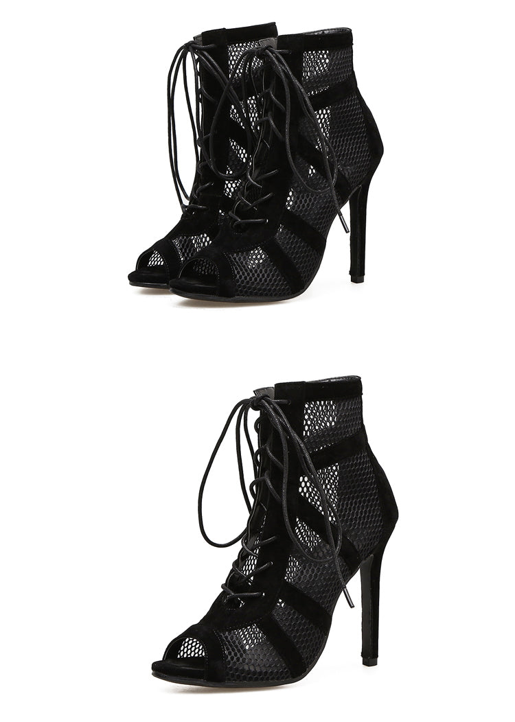Mesh Women Boots Floral Lace-Up Thin High Heels Ankle Pointed Toed - Sabreeonline