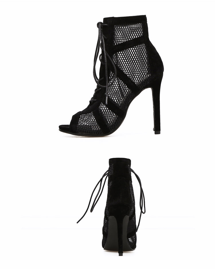 Mesh Women Boots Floral Lace-Up Thin High Heels Ankle Pointed Toed - Sabreeonline