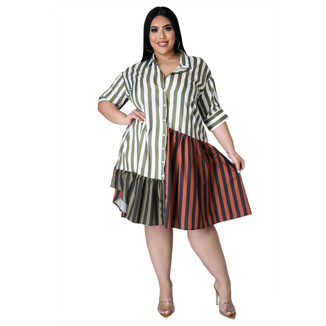 Fashion Streetwear Patchwork Striped Shirts Midi Dress - Sabreeonline