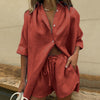 Casual Tracksuit Shorts Set Long Sleeve Shirt Tops and Mini Shorts Suit - Sabreeonline