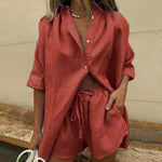 Casual Tracksuit Shorts Set Long Sleeve Shirt Tops and Mini Shorts Suit - Sabreeonline