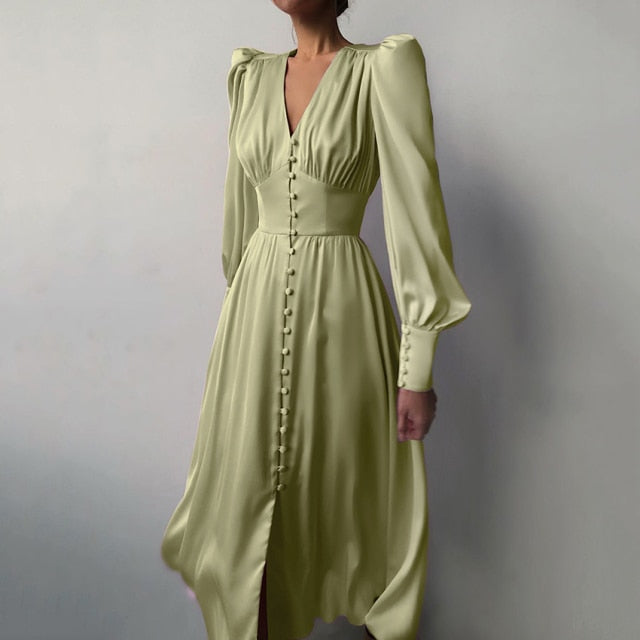 High Waist Satin Long Dress Elegant V Neck Women Midi Dresses Lantern Sleeve - Sabreeonline