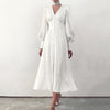 High Waist Satin Long Dress Elegant V Neck Women Midi Dresses Lantern Sleeve - Sabreeonline