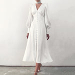 High Waist Satin Long Dress Elegant V Neck Women Midi Dresses Lantern Sleeve - Sabreeonline