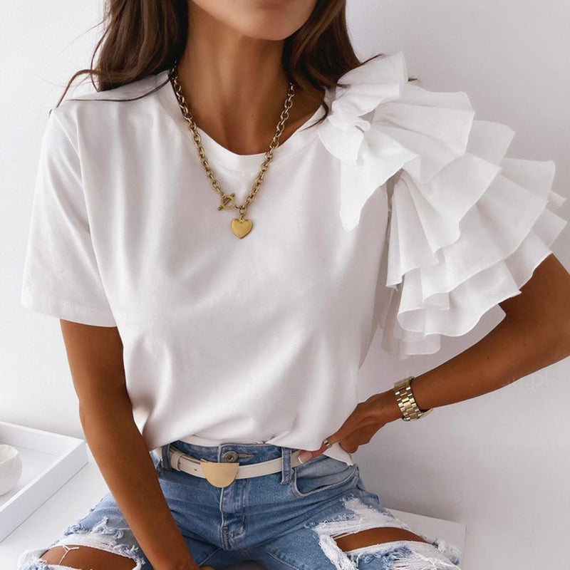 Elegant Solid Color Layered Ruffle Short Sleeve Asymmetric - Sabreeonline