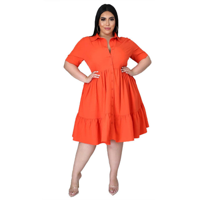 Solid Buttons Casual Turn Down Collar Knee Length Ruffle - Sabreeonline