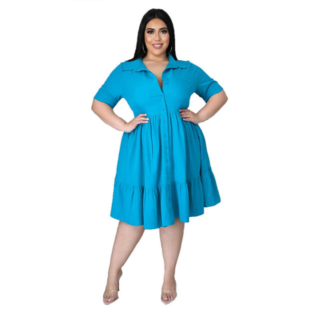Solid Buttons Casual Turn Down Collar Knee Length Ruffle - Sabreeonline