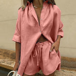Casual Tracksuit Shorts Set Long Sleeve Shirt Tops and Mini Shorts Suit - Sabreeonline