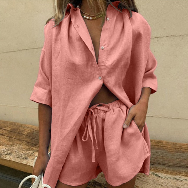 Casual Tracksuit Shorts Set Long Sleeve Shirt Tops and Mini Shorts Suit - Sabreeonline