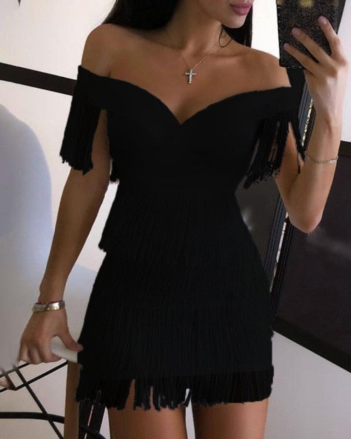 White Fringe Celebrity Evening Runway Party Dress Women Sexy Tassels Short Sleeve Club Dress Vestidos - Sabreeonline