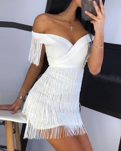 White Fringe Celebrity Evening Runway Party Dress Women Sexy Tassels Short Sleeve Club Dress Vestidos - Sabreeonline