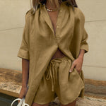 Casual Tracksuit Shorts Set Long Sleeve Shirt Tops and Mini Shorts Suit - Sabreeonline