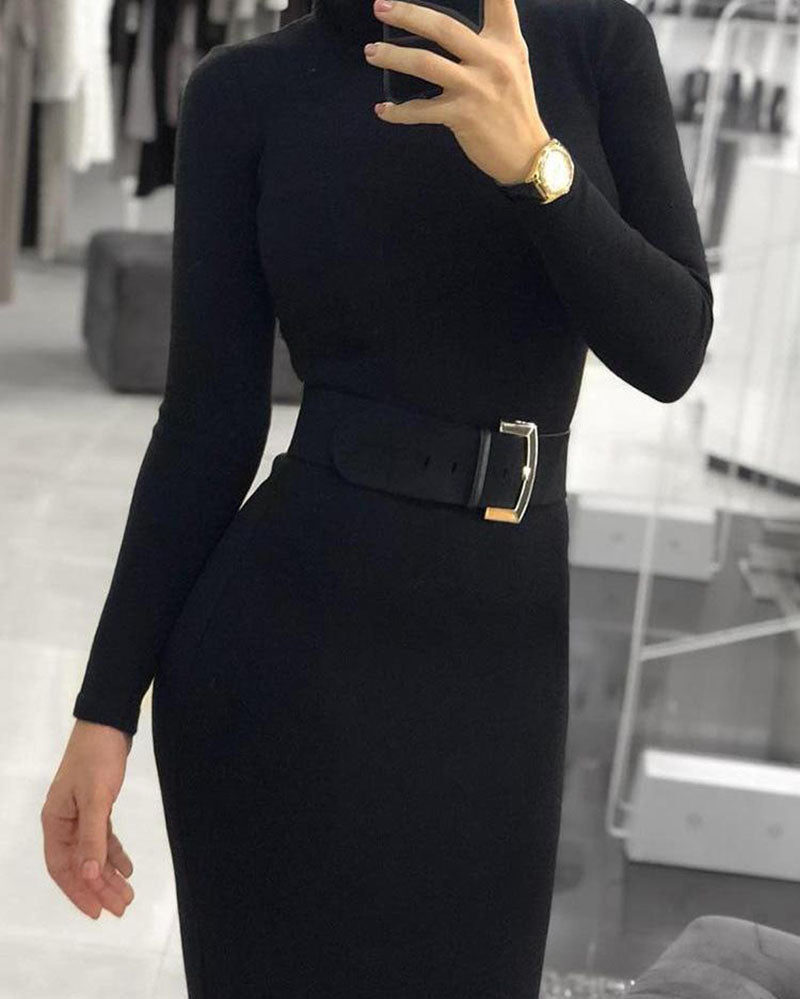 Winter Solid Casual Basic Black White Bodycon - Sabreeonline