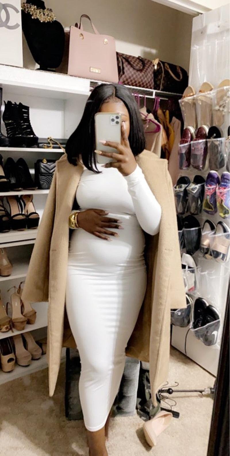 Winter Solid Casual Basic Black White Bodycon - Sabreeonline