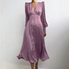 High Waist Satin Long Dress Elegant V Neck Women Midi Dresses Lantern Sleeve - Sabreeonline