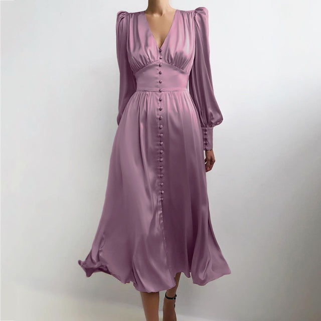 High Waist Satin Long Dress Elegant V Neck Women Midi Dresses Lantern Sleeve - Sabreeonline