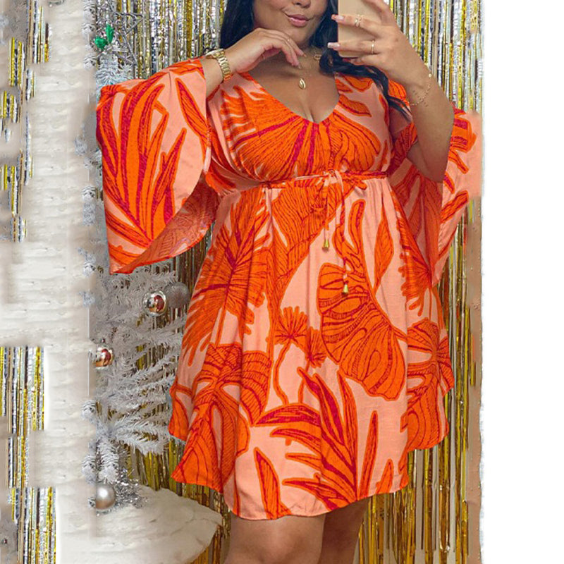 Printed V Neck Flare Sleeve Loose Asymmetrical Fashion - Sabreeonline