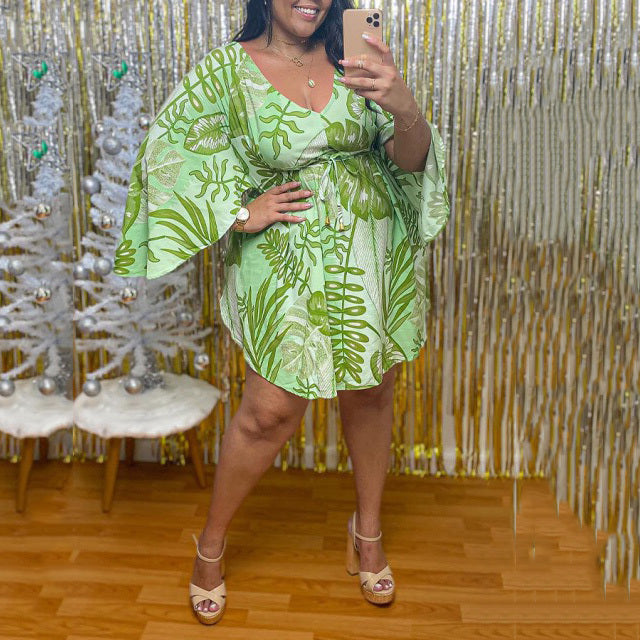 Printed V Neck Flare Sleeve Loose Asymmetrical Fashion - Sabreeonline