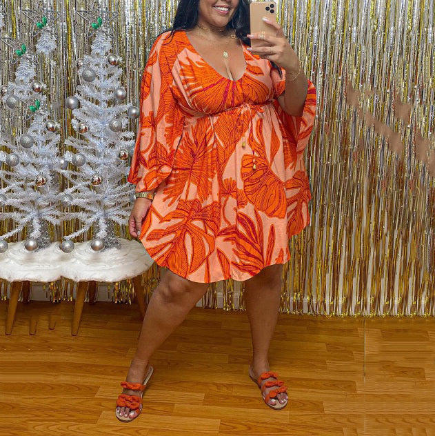 Printed V Neck Flare Sleeve Loose Asymmetrical Fashion - Sabreeonline