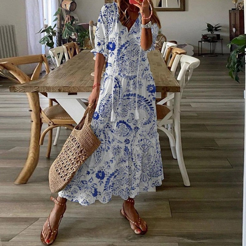 Casual Short Sleeve Embroidered Long Dress - Sabreeonline