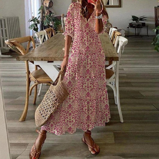 Casual Short Sleeve Embroidered Long Dress - Sabreeonline