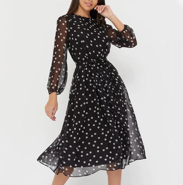 Print Long Sleeve Polka Dress - Sabreeonline