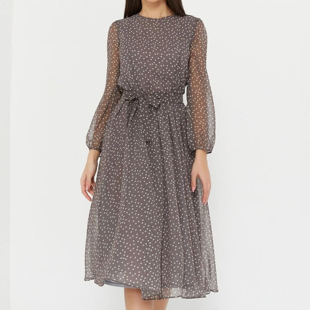 Print Long Sleeve Polka Dress - Sabreeonline