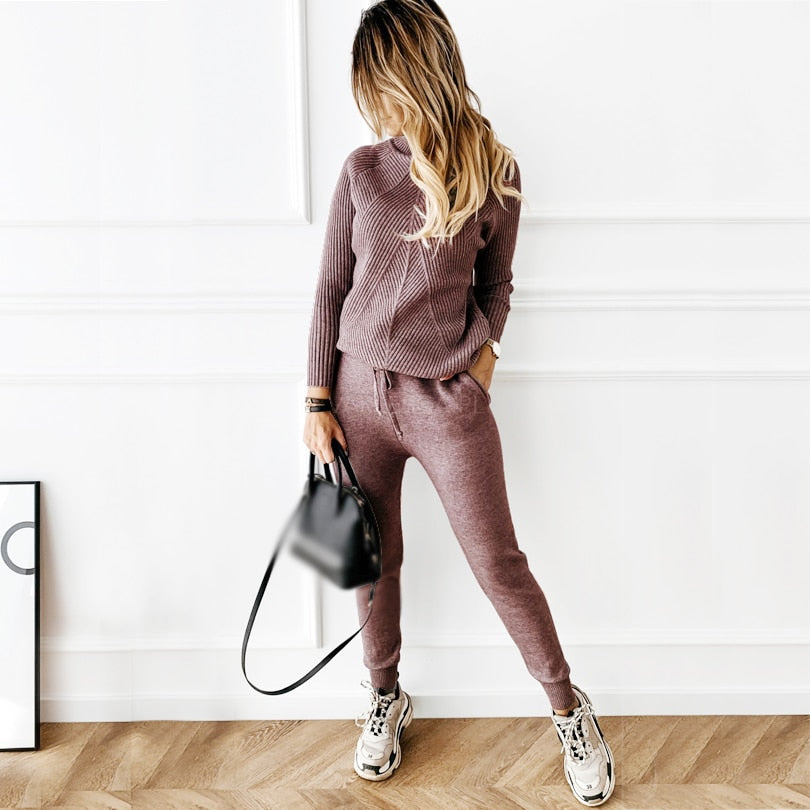 Winter Tracksuit Turtleneck Sweater and Elastic Suits - Sabreeonline